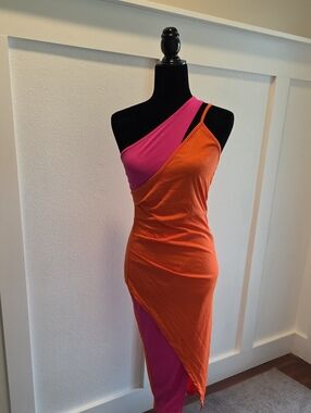 SHEIN One-Shoulder Orange and Pink Colorblock Asymmetrical Dress